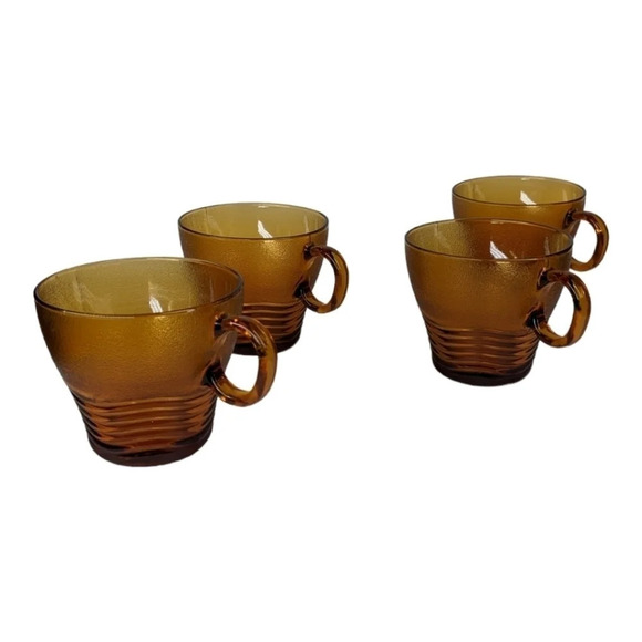 Vintage Duralex France 'Ondine' Cups and Saucers - 10 piece set, Frosted, Orange - Picture 2 of 9